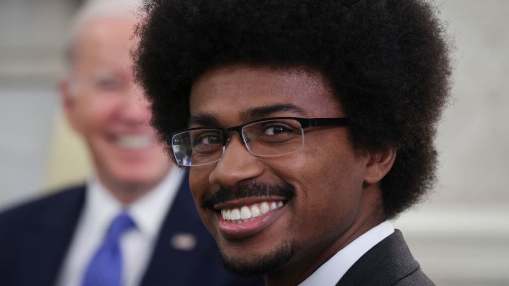 Tennessee State Rep. Justin Pearson smiles while meeting with U.S. President Joe Biden.