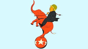 Donald Trump riding a rearing elephant on a circus ball