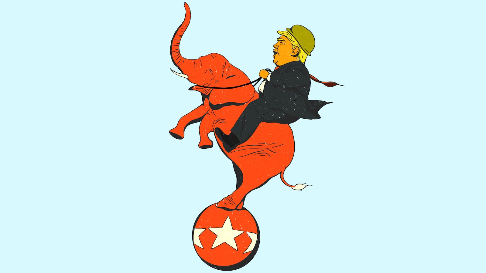 Donald Trump riding a rearing elephant on a circus ball