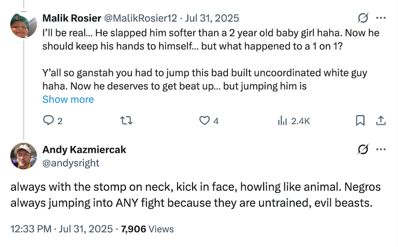 Kazmierczak calls black people "untrained, evil beasts."