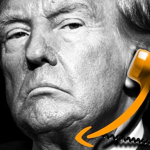 Donald Trump with an older phone in orange up to his ear that has blended into the Amazon smile logo