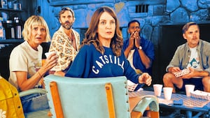 A photo illo illustration of Kerri Kenney-Silver as Anne, Marco Calvani as Claude, Tina Fey as Kate, Colman Domingo as Danny, and Will Forte as Jack in Episode 202 of The Four Seasons, Season 2.