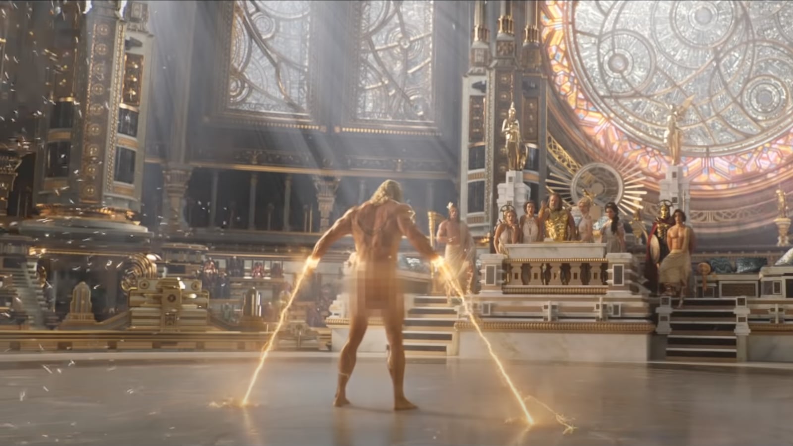 A man stands naked in front of a court.