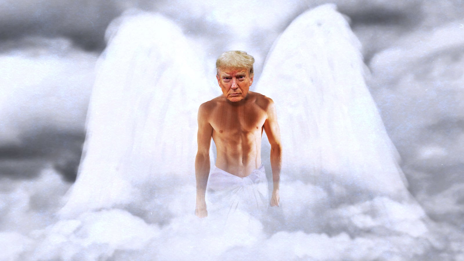 A photo illustration of Donald Trump as a shirtless, sexy angel