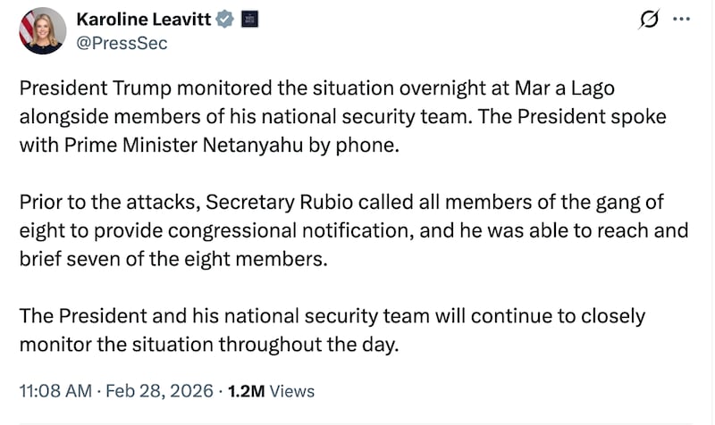 White House Press Secretary Leavitt gives an update on the president's whereabouts as the U.S. attacks Iran.