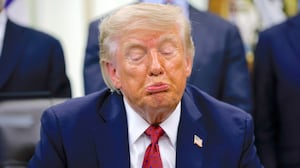 President Donald Trump reacts while answering a reporters question during a healthcare affordability event in the Oval Office at the White House on August 31, 2026 in Washington, DC.