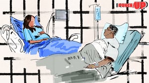 An illustration illo of a pregnant woman and man in a hospital setting for Punch Up Substack on Trump's ICE agents going after vulnerable hospital patients.