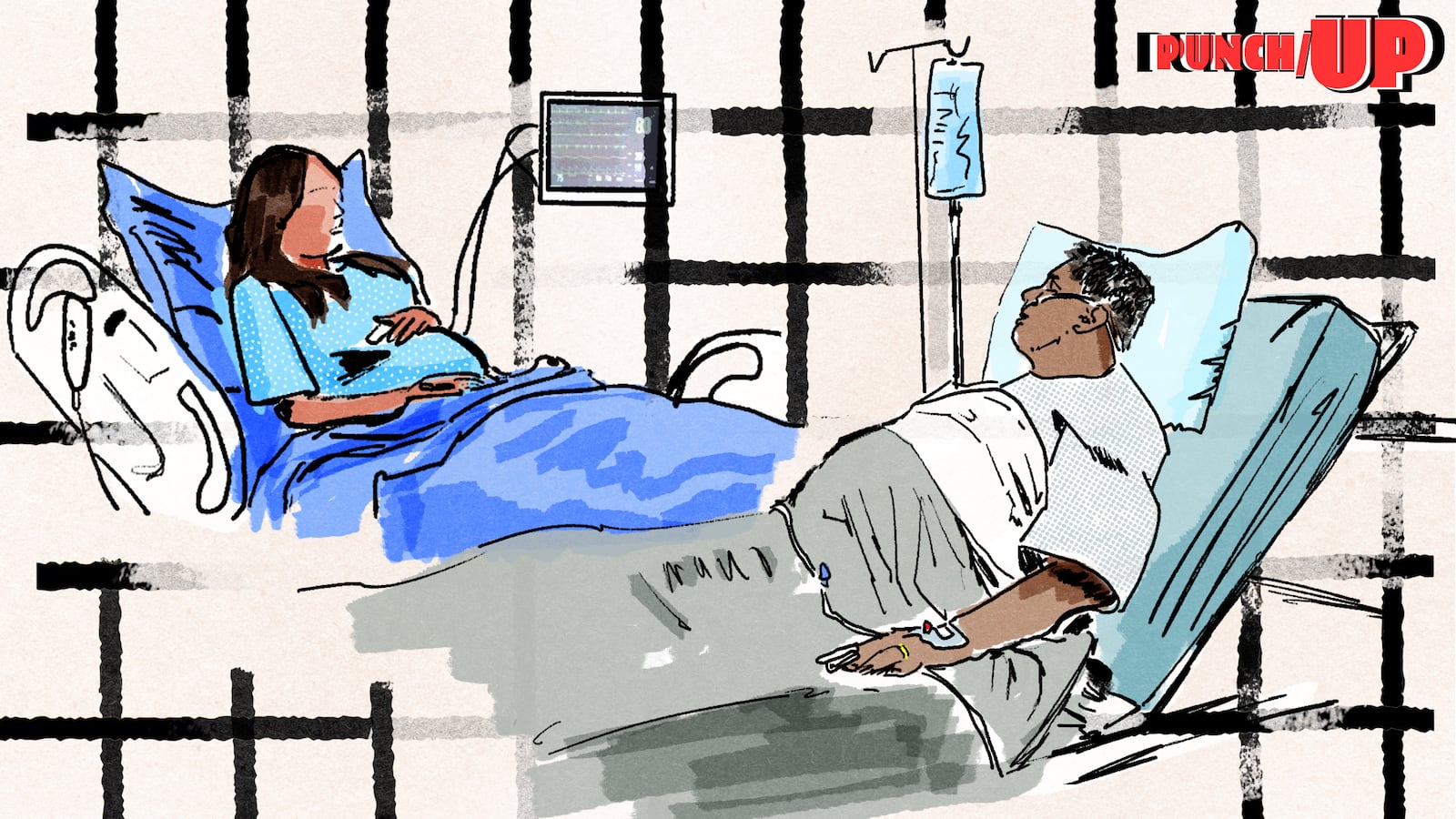 An illustration illo of a pregnant woman and man in a hospital setting for Punch Up Substack on Trump's ICE agents going after vulnerable hospital patients.