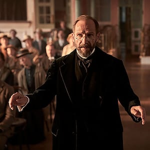 Film still from The Choral starring Ralph Fiennes