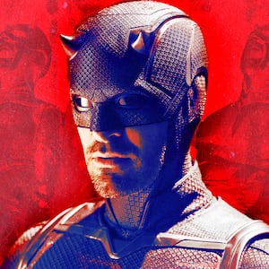 A photo illustration of Charlie Cox in Daredevil: Born Again.