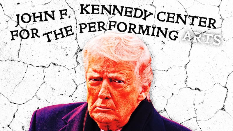 A photo illustration of Donald Trump in front of Kennedy Center distressed signage in cracked white marble.