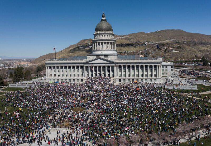 A drone view shows a protest at the Utah State Capitol building in a demonstration that is part of larger "Hands off" events organized nationwide against U.S. President Donald Trump, in Salt Lake City, Utah, U.S., April 5, 2025. REUTERS/Jim Urquhart     TPX IMAGES OF THE DAY
