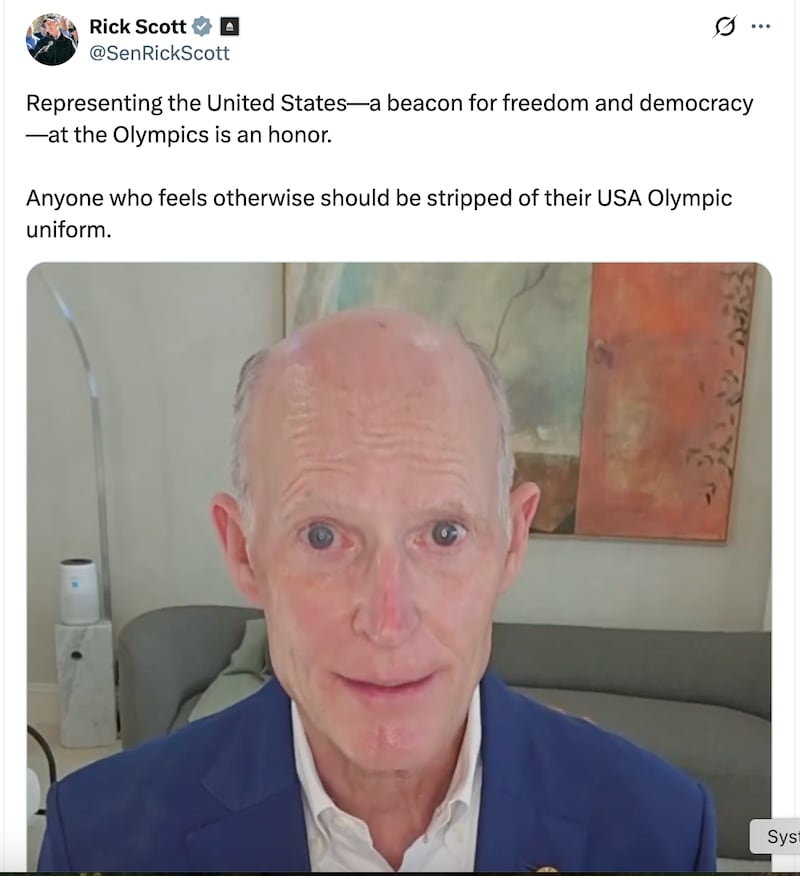 Sen. Rick Scott rants that U.S. athletes who don't want to represent their country at the Olympics should be stripped of their uniforms.