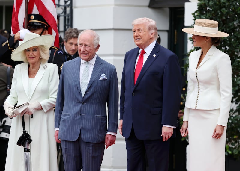 WASHINGTON, DC - APRIL 28: Queen Camilla, King Charles III, U.S. President Donald Trump and First Lady Melania Trump during the State Arrival Ceremony on the South Lawn on day two of the State Visit of King Charles III and Queen Camilla to the United States of America, on April 28, 2026 in Washington, DC. Their majesties are formally welcomed with a traditional military arrival ceremony on the South Lawn of the White House, the highest diplomatic honour extended by the United States to a visiting Head of State which dates back to the 18th century. (Photo by Chris Jackson/Getty Images)