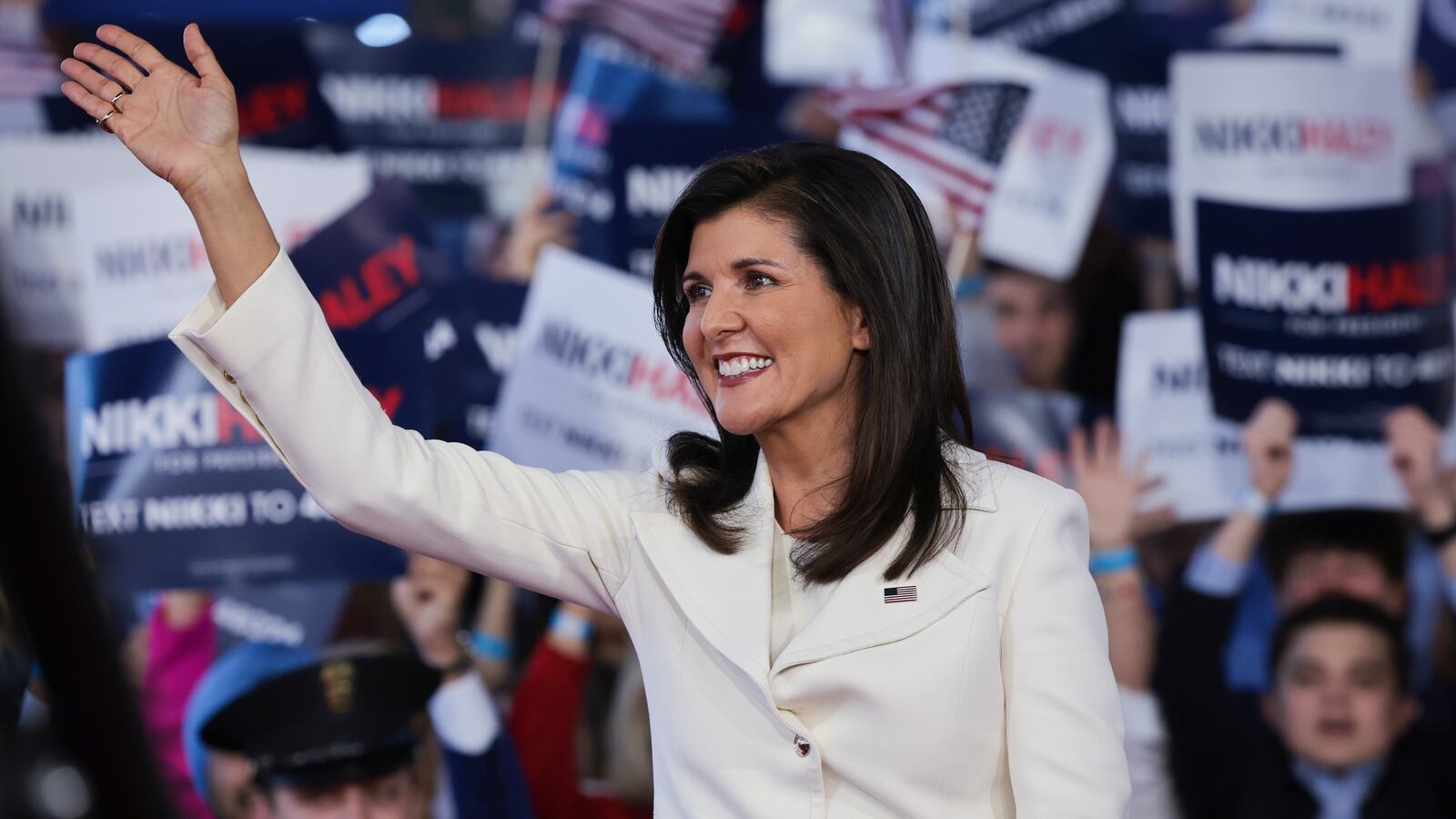 Republican presidential candidate Nikki Haley waves to supporters while arriving a ther first campaign event on February 15, 2023 in Charleston, South Carolina.