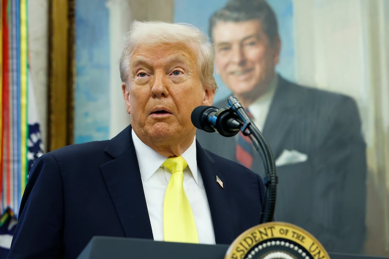 President Donald Trump speaks during a press conference in the Oval Office of the White House on October 15, 2025 in Washington, DC.