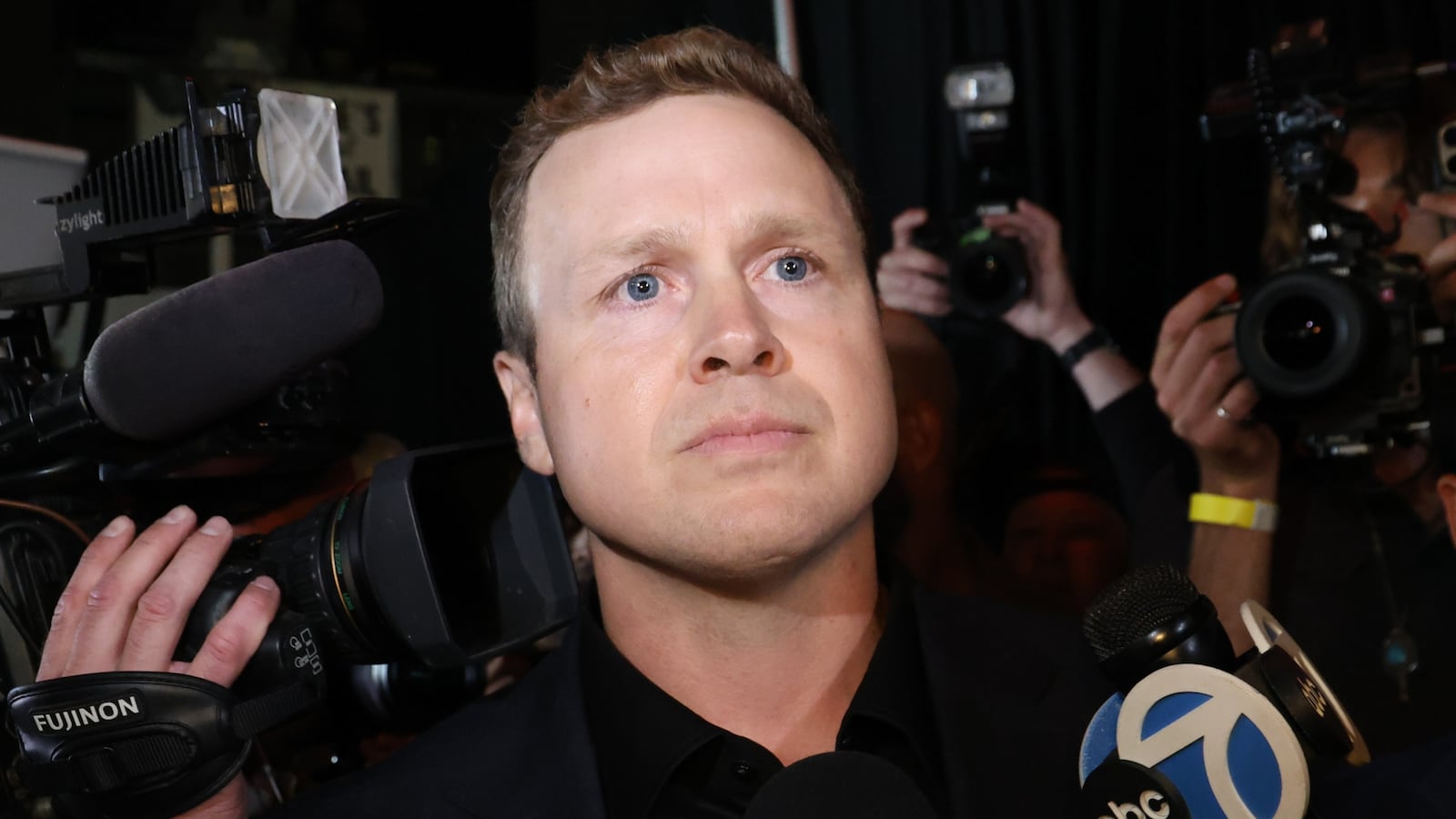 Mayoral candidate Spencer Pratt is seen speaking with the media outside Don Antonio's restaurant on June 02, 2026 in Los Angeles, California.