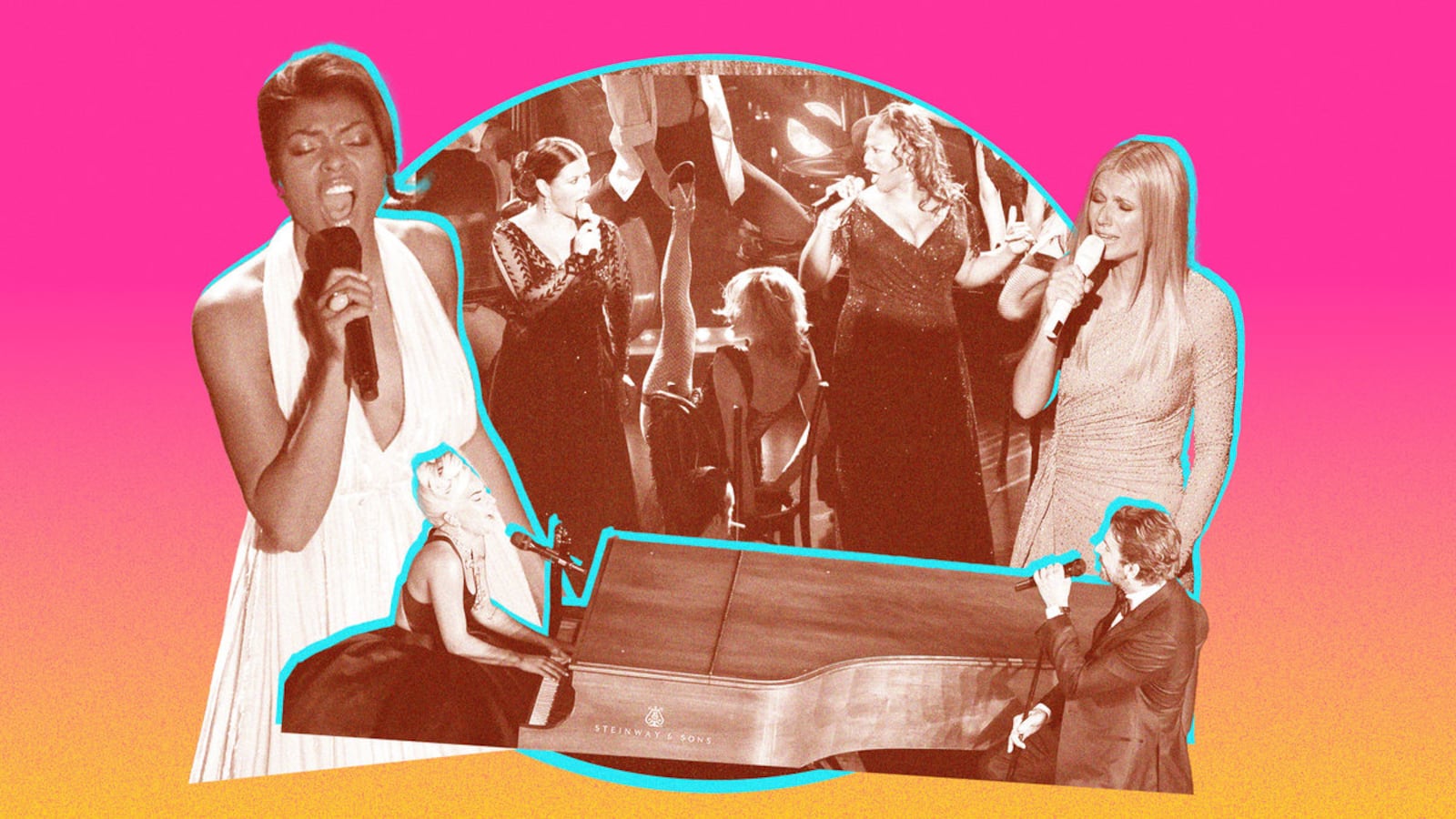 A photo illustration showing Gwyneth Paltrow, Bradley Cooper, Lady Gaga, Taraji P. Henson, Catherine Zeta-Jones and Queen Latifah performing at the Oscars.