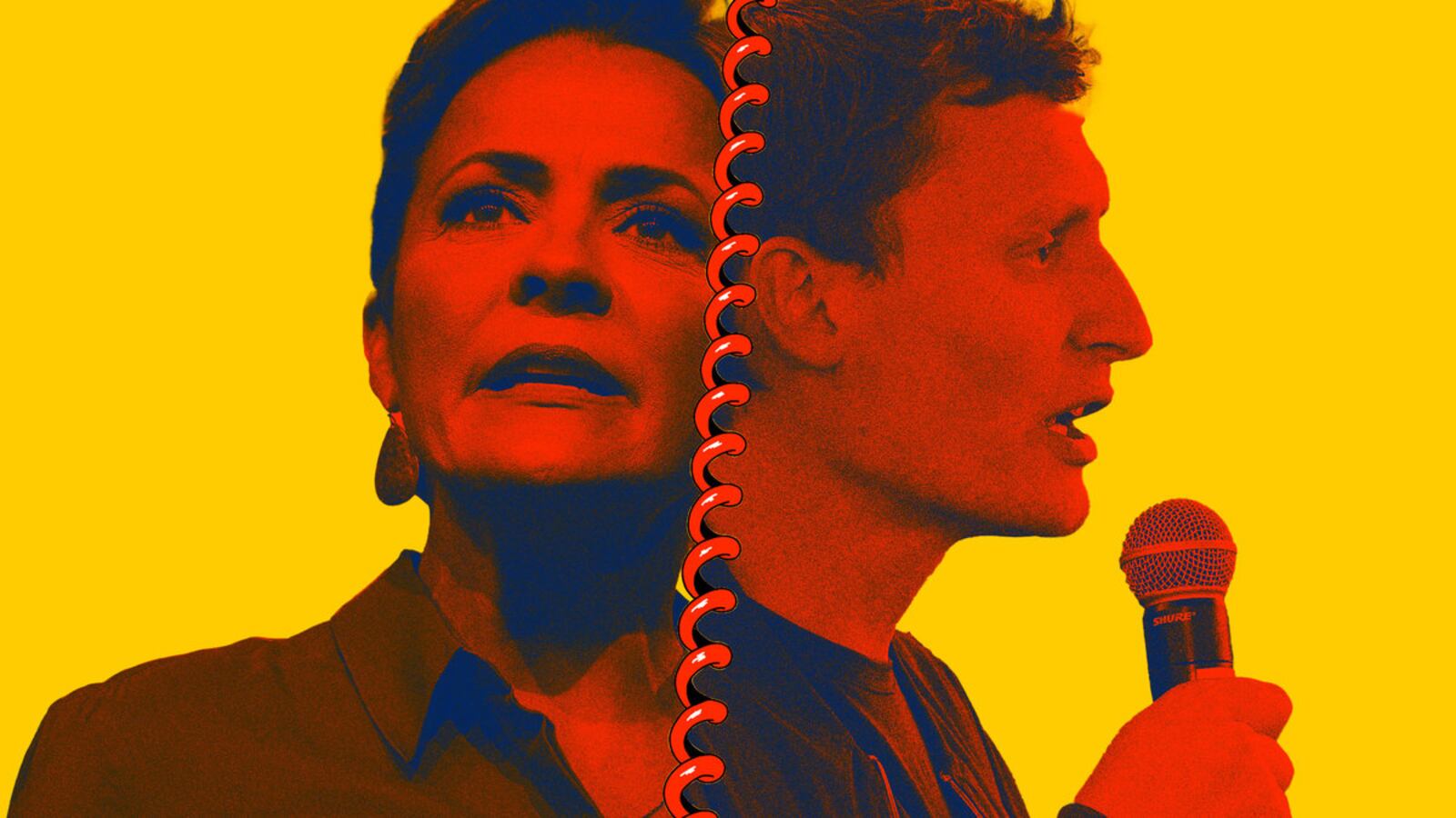 Photo illustration of Blake Masters and Kari Lake of Arizona collaged with a telephone cord between them.