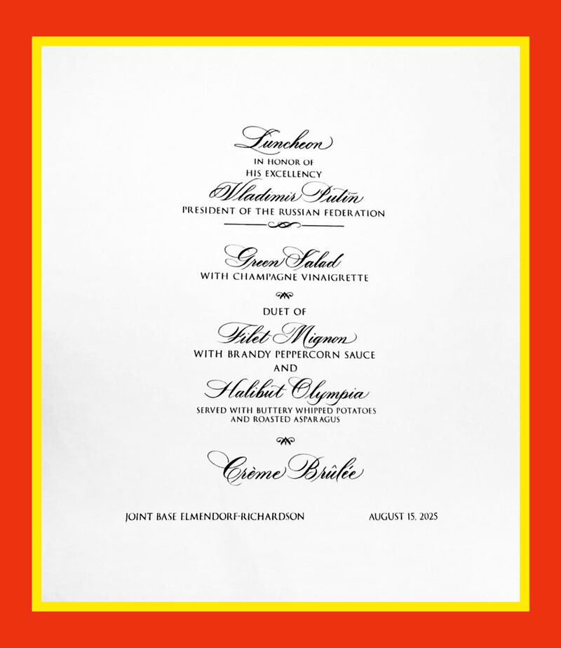 Menu from the dinner with Vladimir Putin and Donald Trump in Alaska