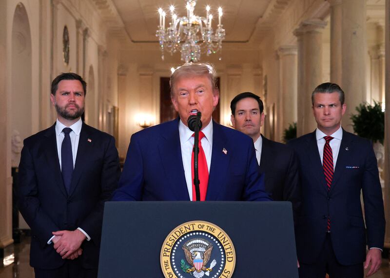 US President Donald Trump addresses the nation, alongside US Vice President JD Vance (L), US Secretary of State Marco Rubio (2nd R) and US Secretary of Defense Pete Hegseth (R), from the White House in Washington, DC on June 21, 2025, following the announcement that the US bombed nuclear sites in Iran. President Donald Trump said June 21, 2025 the US military has carried out a "very successful attack" on three Iranian nuclear sites, including the underground uranium enrichment facility at Fordo. "We have completed our very successful attack on the three Nuclear sites in Iran, including Fordow, Natanz, and Esfahan," Trump said in a post on his Truth Social platform. (Photo by CARLOS BARRIA / POOL / AFP) (Photo by CARLOS BARRIA/POOL/AFP via Getty Images)