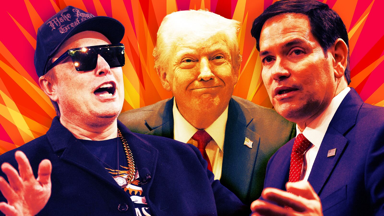 Elon Musk, Donald Trump, and Marco Rubio.