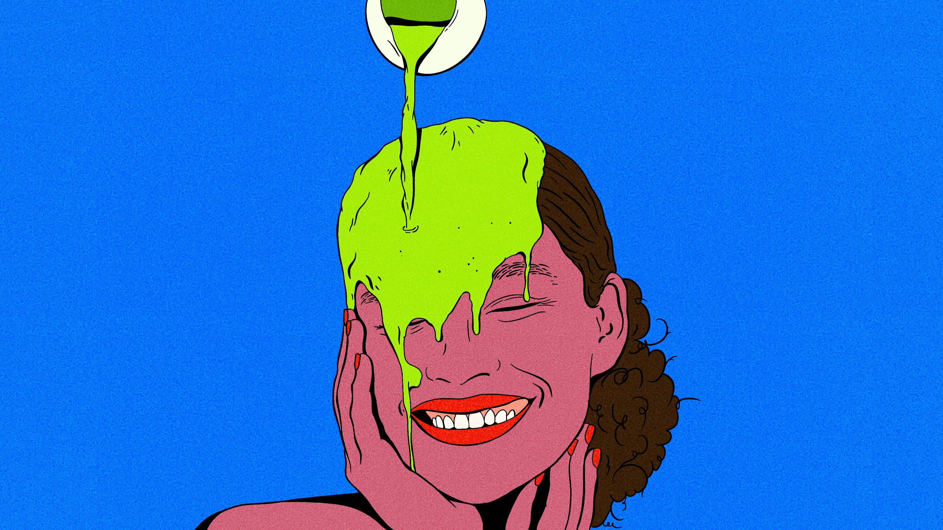 Woman with green matcha being poured on her head