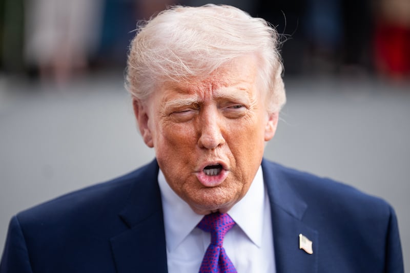 UNITED STATES - MARCH 11: President Donald Trump speaks with reporters on the South Lawn of the White House before boarding Marine One en route to Kentucky, on Wednesday March 11, 2026. (Tom Williams/CQ-Roll Call, Inc via Getty Images)