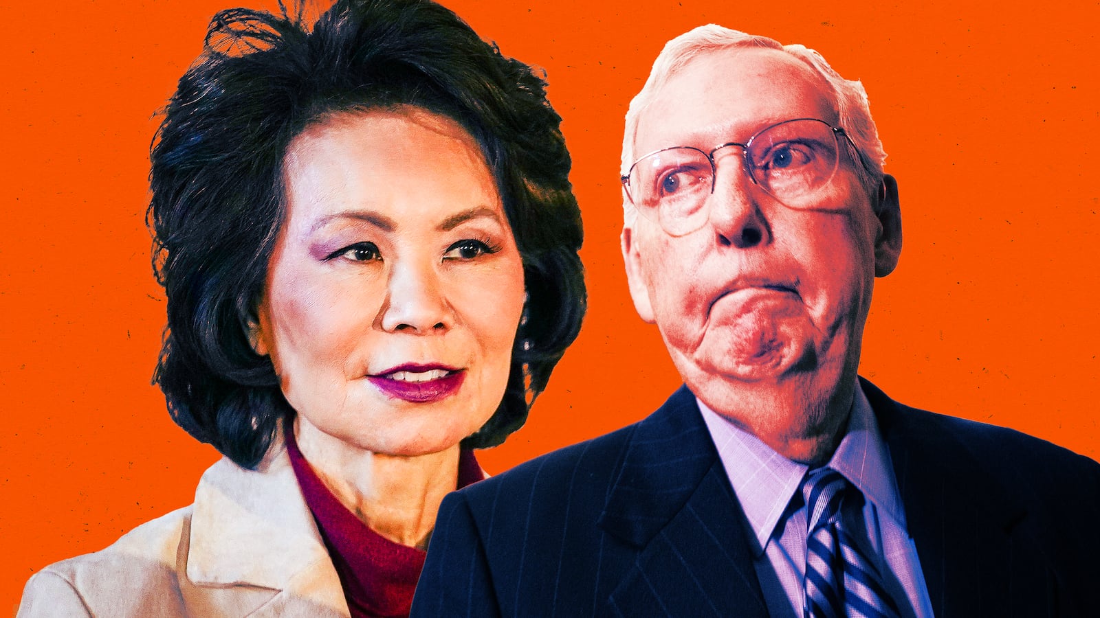 A photo illo illustration of Elaine Chao and Mitch McConnell.