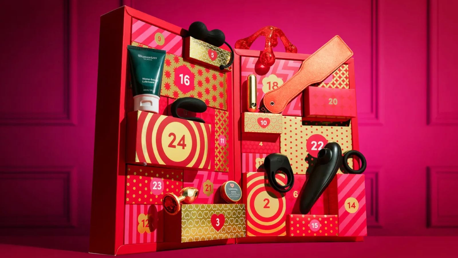 Lovehoney's Couples Advent calendar. It shows 24 days of boxes and different sex toys and accessories like vibrators, cock rings, blindfolds, whips, and lube.