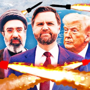 A photo illustration of Mojtaba Khamenei, JD Vance, and Donald Trump.