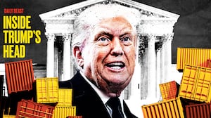 Donald Trump in front of the Supreme Court surrounded by shipping containers.