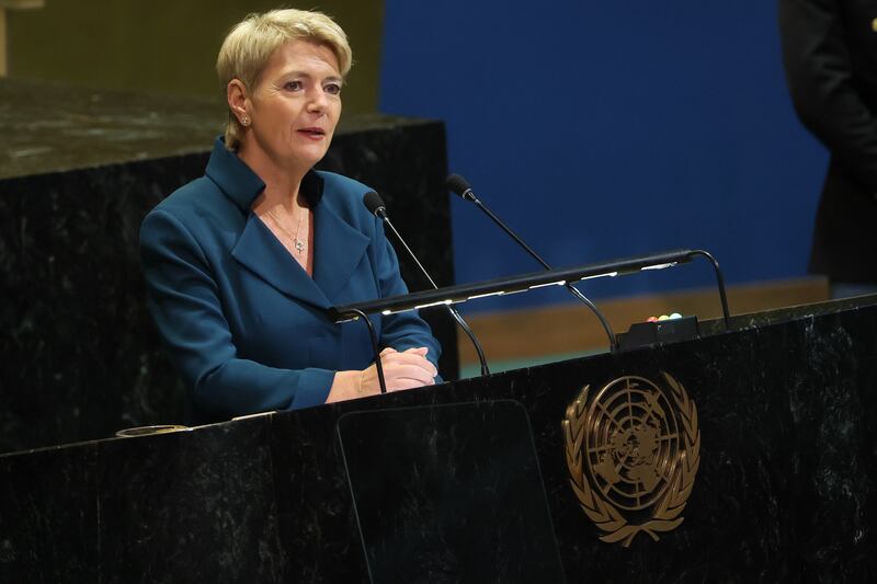 NEW YORK, NEW YORK - SEPTEMBER 24: President of Switzerland Karin Keller-Sutter speaks during the United Nations General Assembly (UNGA) at the United Nations headquarters on September 24, 2025 in New York City. World leaders convened for the 80th Session of UNGA, with this year’s theme for the annual global meeting being “Better together: 80 years and more for peace, development and human rights.”  (Photo by Michael M. Santiago/Getty Images)