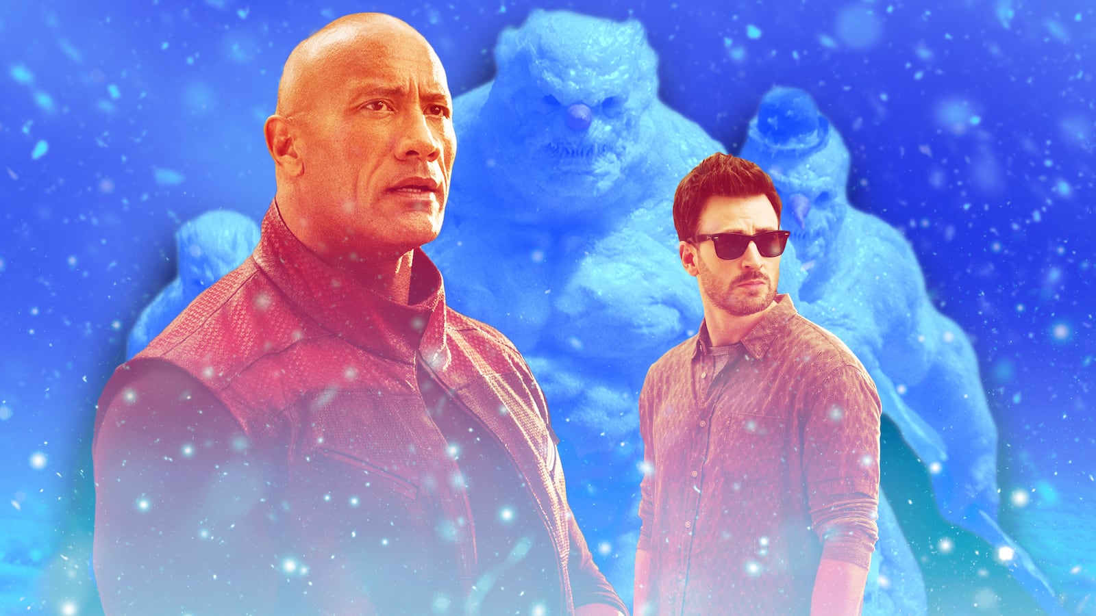 A photo illustration Dwayne Johnson and Chris Evans in Red One.