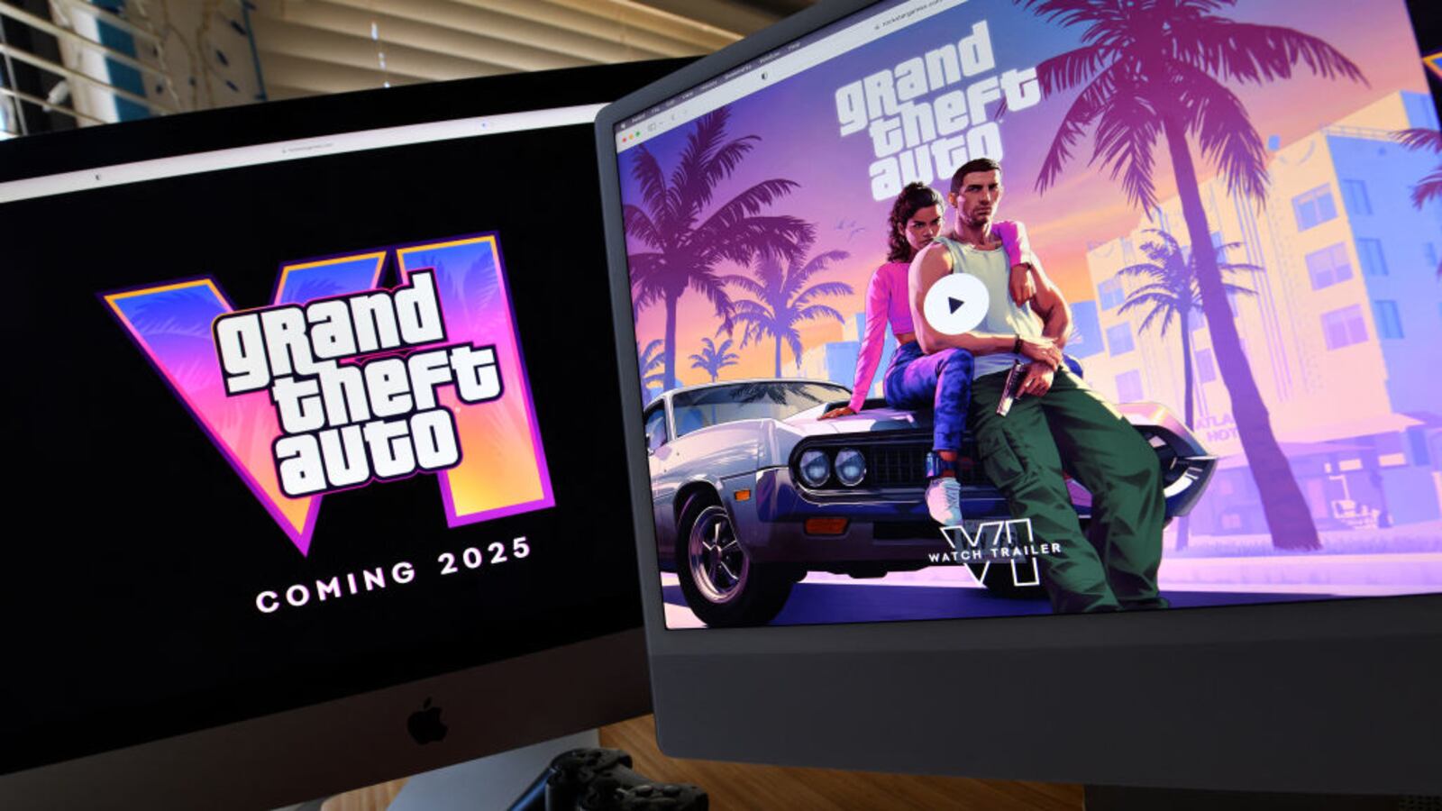 This illustration photo created in Los Angeles, California, on December 5, 2023, shows Rockstar Games' Grand Theft Auto 6 trailer played on computer screens.