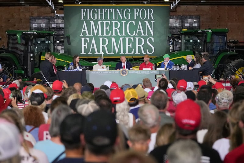 President Donald Trump's event at Custer Farms in Chippewa Falls, Wisconsin on June, 5, 2026, where he spent time holding up printed images of Washington, DC.