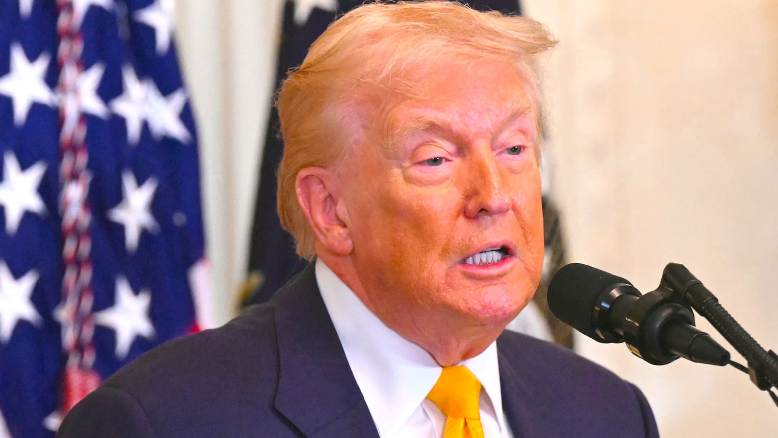 Donald Trump speaks during a Black History Month event in the East Room of the White House in Washington, DC, on February 18, 2026.