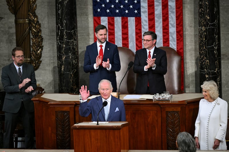 U.S. Vice President JD Vance and and U.S. House Speaker Mike Johnson (R-LA) applaud as Britain's King Charles and Queen Camilla attend a joint meeting of Congress in the House Chamber of the U.S. Capitol in Washington, D.C., U.S., April 28, 2026. REUTERS/Matt McClain     TPX IMAGES OF THE DAY