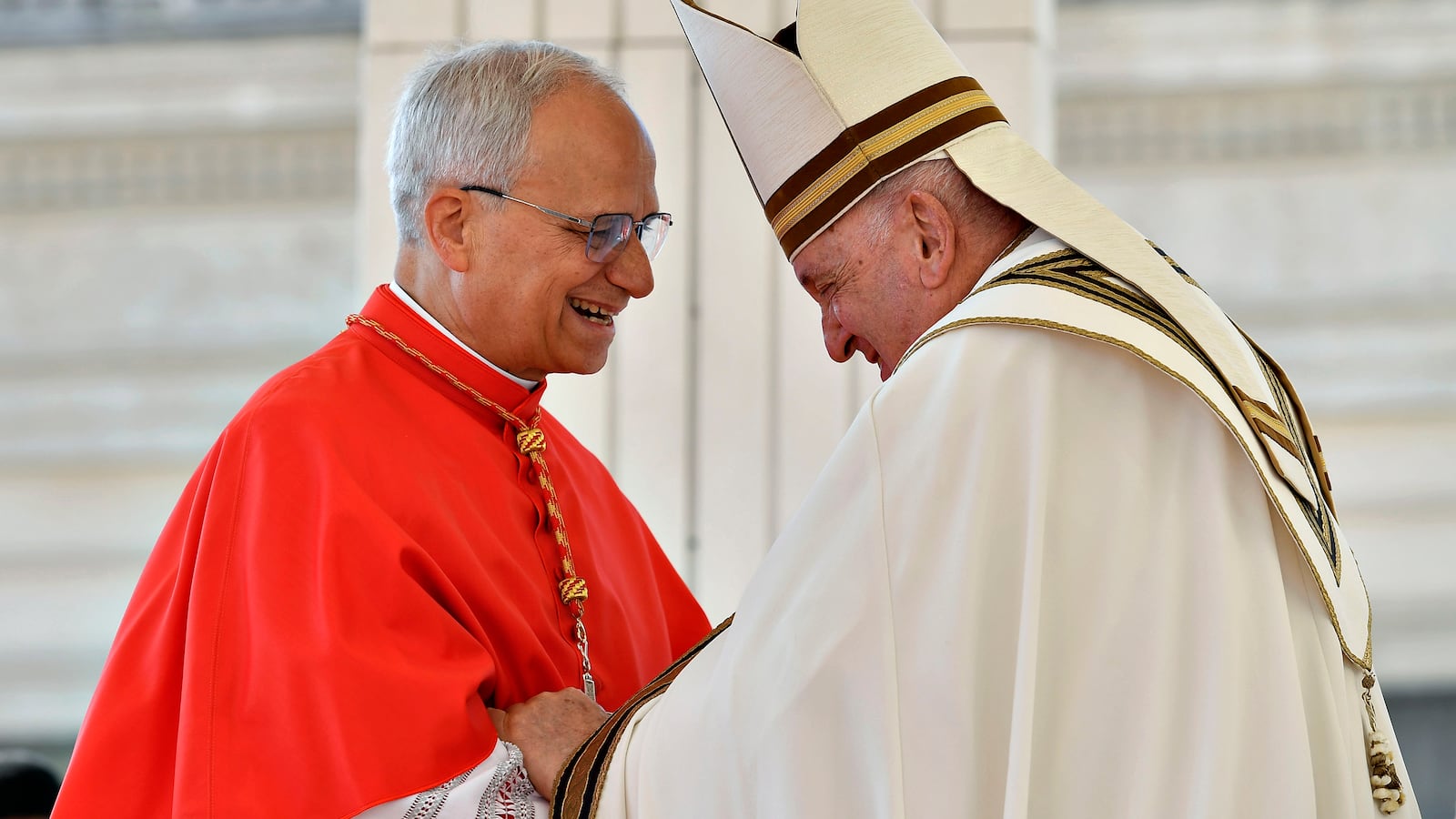 Pope Francis, right, appoints as new cardinal U.S-born prelate prefect of the Dicastery for Bishops, Robert Francis Prevost during the Ordinary Public Consistory for the Creation of new Cardinal at St. Peter's Square on Sept. 30, 2023 in Vatican City, Vatican.