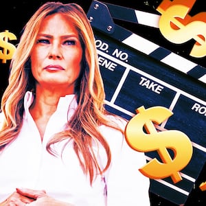 A photo illustration of Melania Trump, a movie clapperboard, and dollar signs.