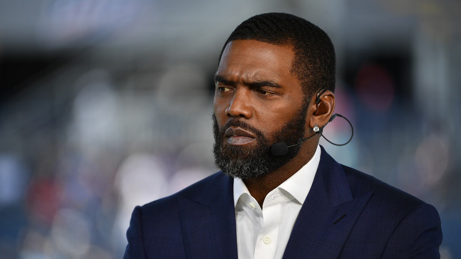 ORLANDO, FLORIDA - JANUARY 26: Randy Moss from ESPN looks on during the 2020 NFL Pro Bowl at Camping World Stadium on January 26, 2020 in Orlando, Florida. (Photo by Mark Brown/Getty Images)