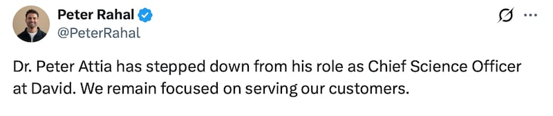 Peter Rahal posts on X about Peter Attia stepping down from his role at protein company David.