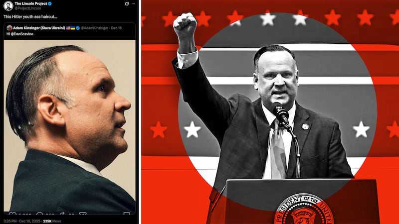 Photo illustrative split of a tweet calling the haircut of Dan Scavino pictured in the Vanity Fair story looking like that of a Nazi, next to a photo of Scavino raising a fist