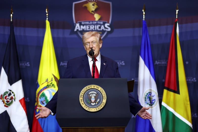 U.S. President Donald Trump speaks at the "Shield of the Americas" Summit in Miami, Florida, U.S., March 7, 2026.