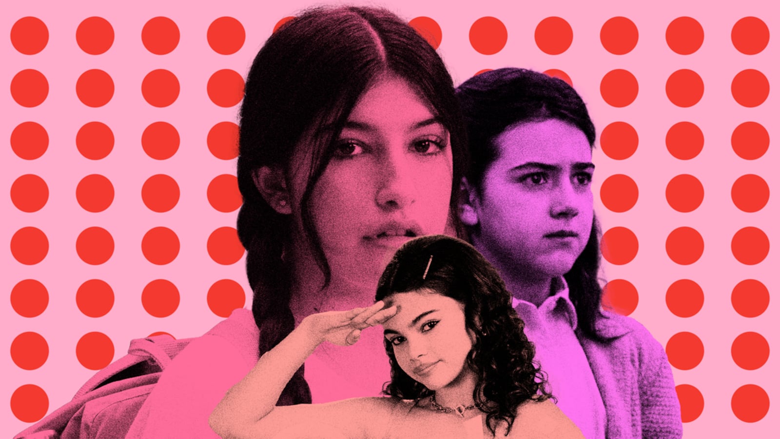 Photo illustration of Sunny Sandler in a film still of You Are SO Not Invited to My Bat Mitzvah, Ariana Greenblatt in Barbie, and Abby Ryder Fortson in Are You There God, It’s Me Margaret?