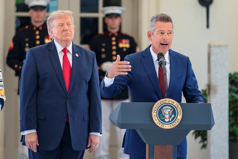 Transportation Secretary Sean Duffy speaks next to President Donald Trump during a Freedom 250 Grand Prix Showcase at the White House in Washington, D.C., on July 13, 2026.