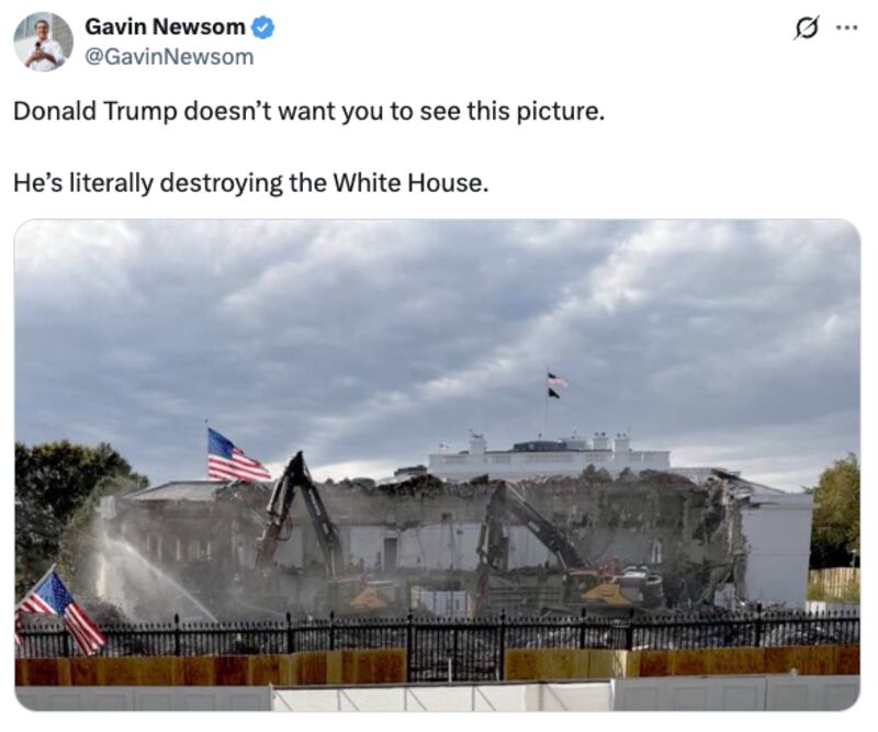 Screenshot of Gavin Newsom X post showing the destruction of the White House.