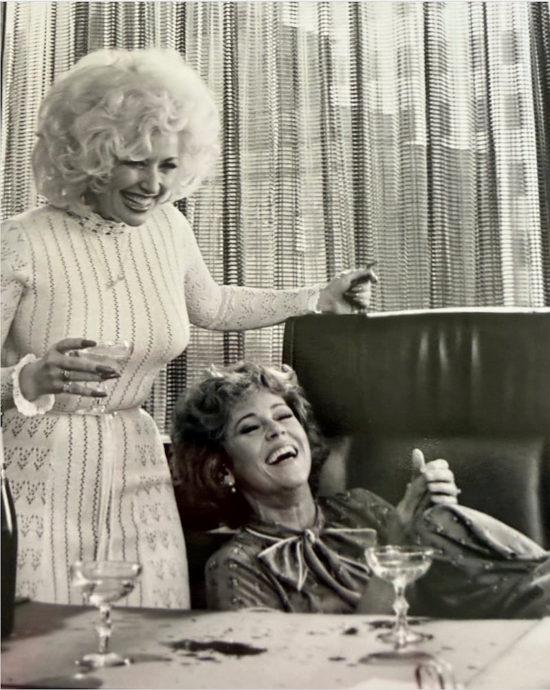 Dolly Parton and Jane Fonda on the set of the 1980 film "9 to 5."