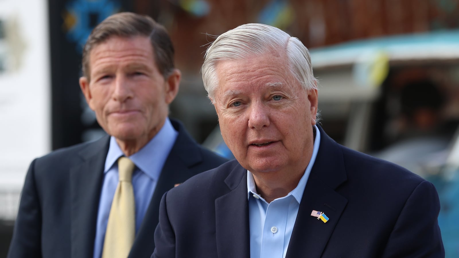 U.S. Senator Lindsey Graham speaks during a press conference in Kyiv, Ukraine.