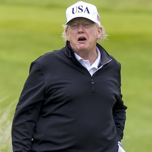 US President Donald Trump plays golf at his Trump Turnberry golf course in South Ayrshire, during his five-day private trip to the country. Picture date: Sunday July 27, 2025. (Photo by Jane Barlow/PA Images via Getty Images)